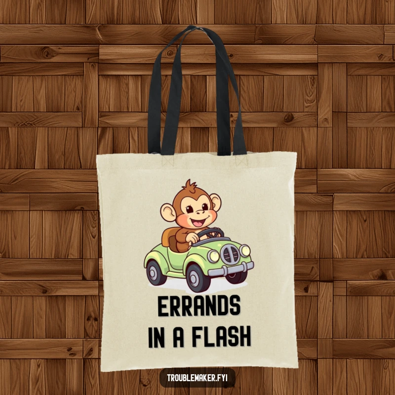 Funny tote bag design of a monkey joyfully riding a runaway toy car, perfect for carrying items with a splash of exhilarating energy.