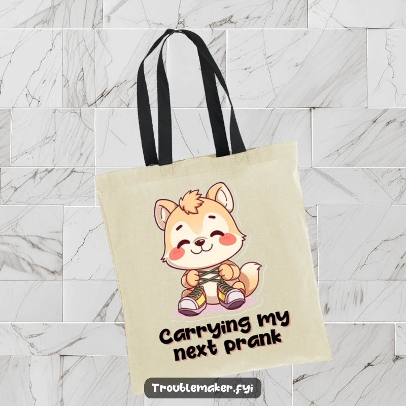 Funny animal character tying shoelaces together with a grin, printed on a durable tote bag.