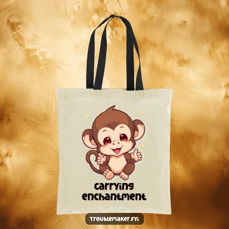 Funny Sparkle Monkey Tote Bag with a mischievous monkey scattering sparkles from its hands, perfect for carrying magic, great funny gift.