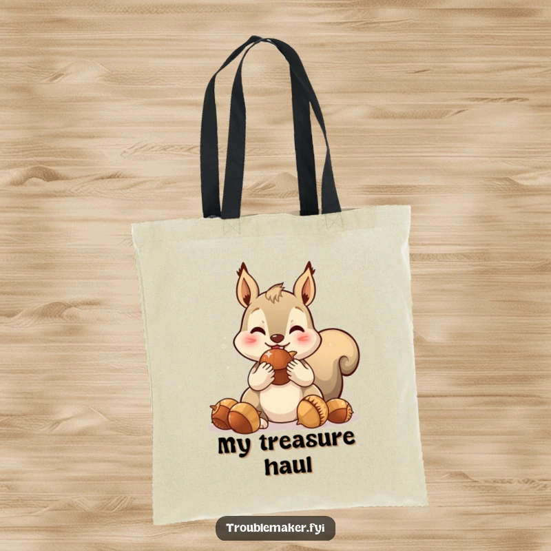 Funny tote bag with a spirited squirrel character stuffing its cheeks full of oversized, sparkling acorns, ready for any adventure.