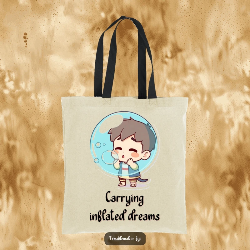 Funny troublemaker character blowing a giant bubble about to pop, featured on a tote bag, symbolizing explosive fun and everyday chaos.