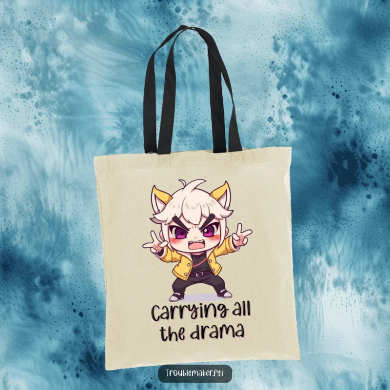 Funny troublemaker character striking a dramatic, over-the-top pose on a tote bag, representing a bold and attention-grabbing personality.
