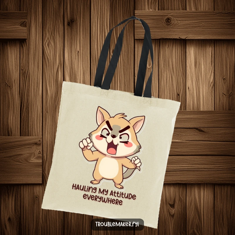 Funny animal character tote bag, in a comically exaggerated pose of mock defiance, ideal for stylish, humorous carrying.