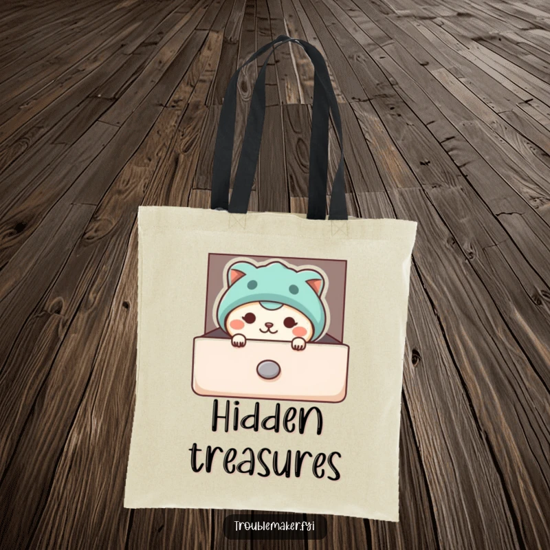 Funny tote bag illustrating a sneaky animal character peeking from a slightly ajar drawer, embodying playful curiosity and humorous surprise.