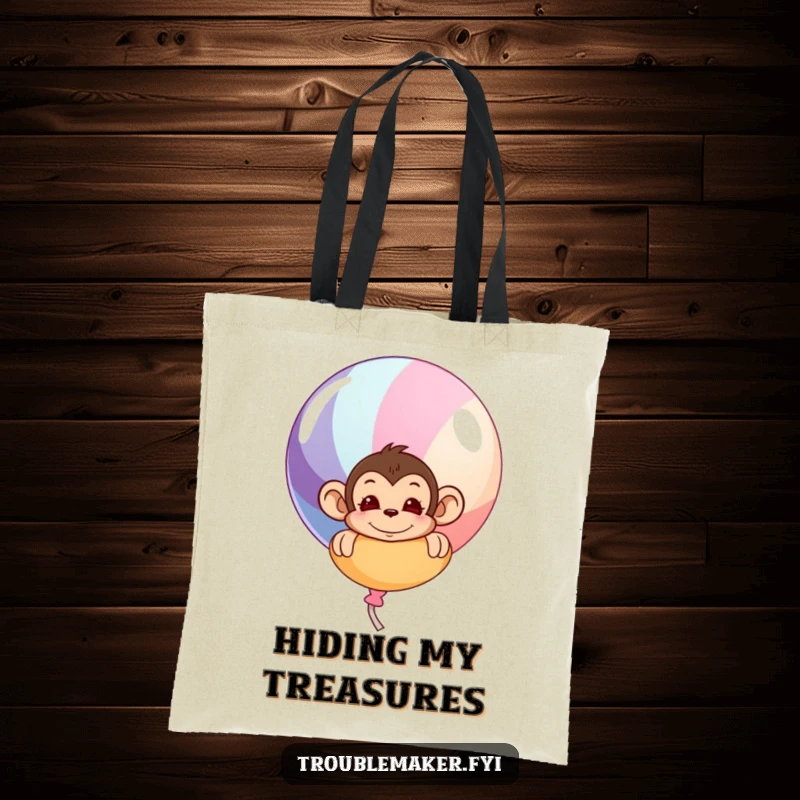 Funny tote bag showing a mischievous monkey hiding behind a large, festive balloon, conveying an element of playful discovery.