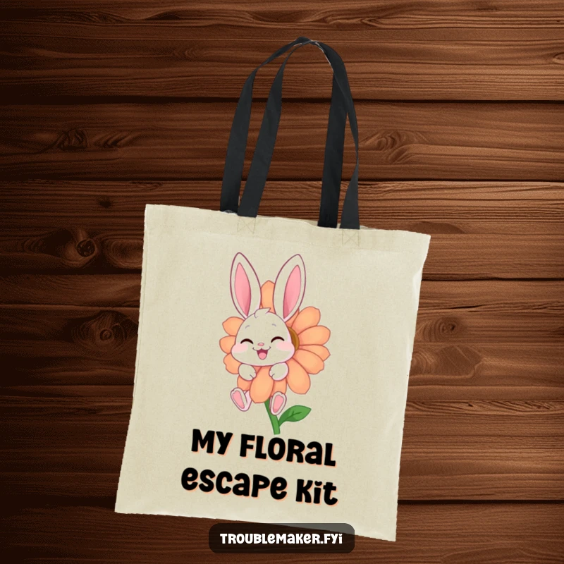 Funny tote bag with a giggling bunny character peeking from behind a blooming flower, perfect for shopping with a smile.