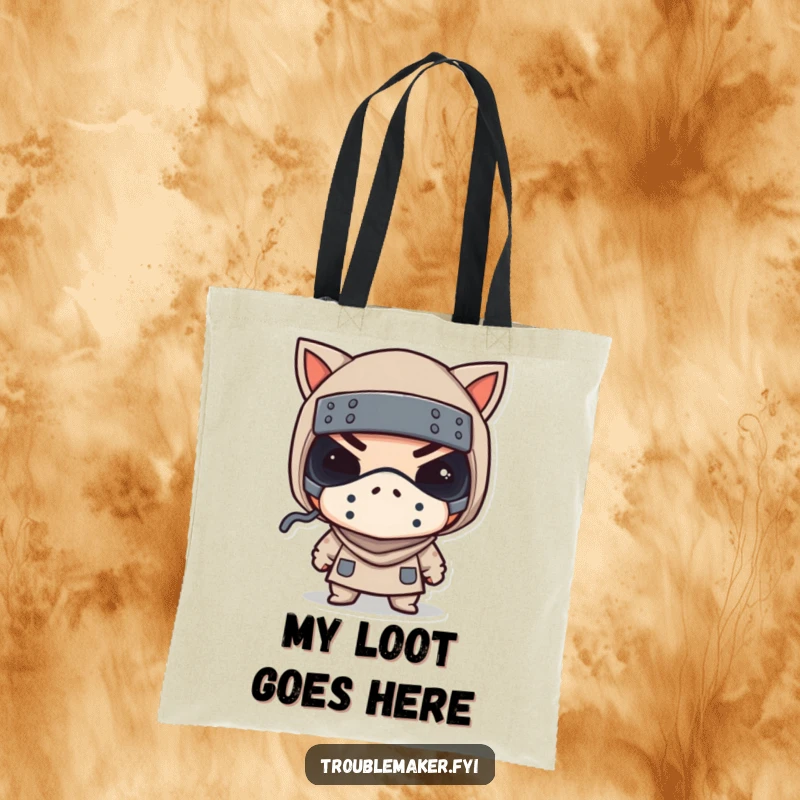 Funny tote bag shows a troublemaker in a tiny bandit mask winking, combining practicality with playful mischief.