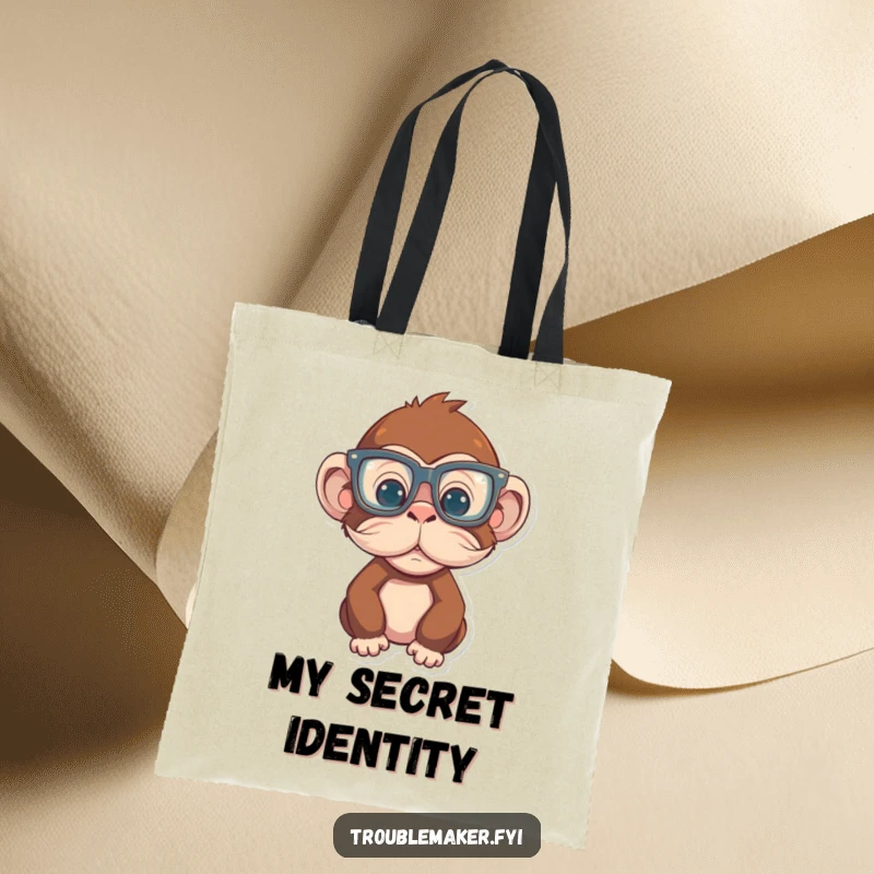 Funny Monkey Tote Bag with a primate in oversized glasses and a fake mustache, looking incognito and ready for adventure, funny gift.