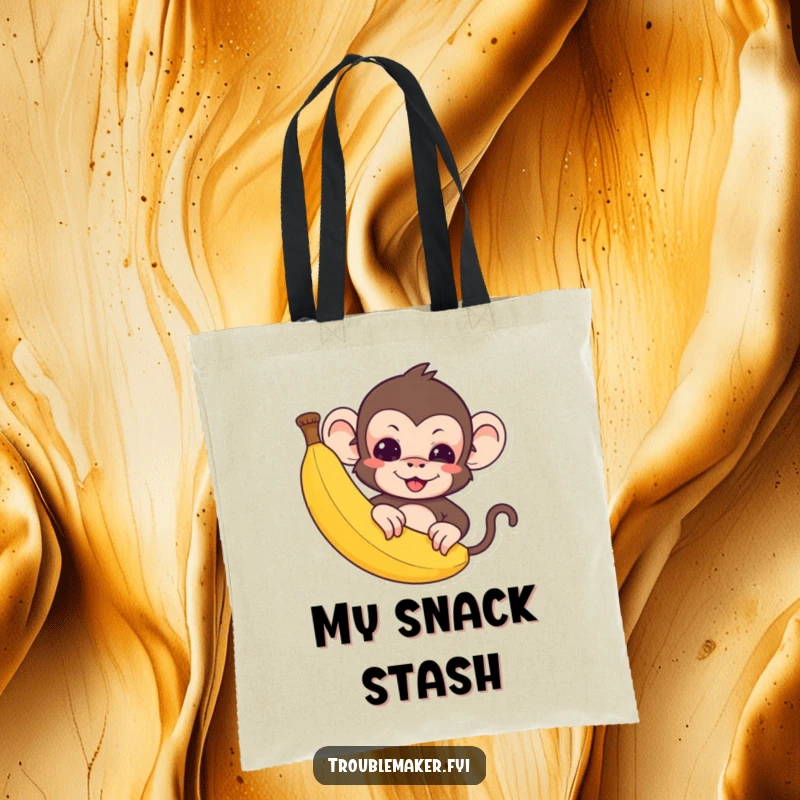 Funny Tote Bag: A cute troublemaker monkey peeks from behind a banana, ready for a snack.