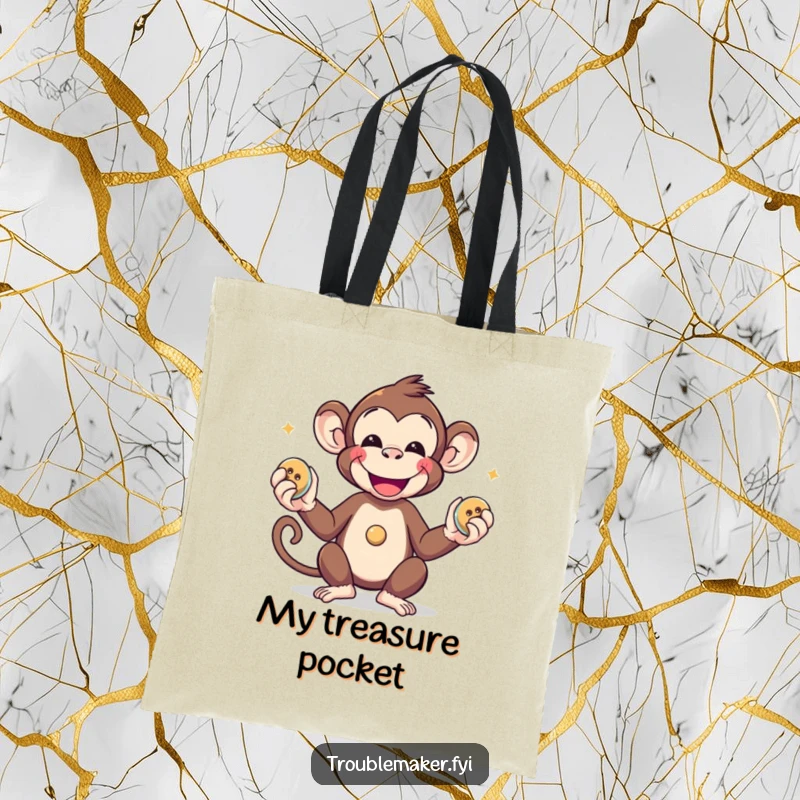 Funny monkey happily juggling three shiny buttons on a practical and stylish tote bag.