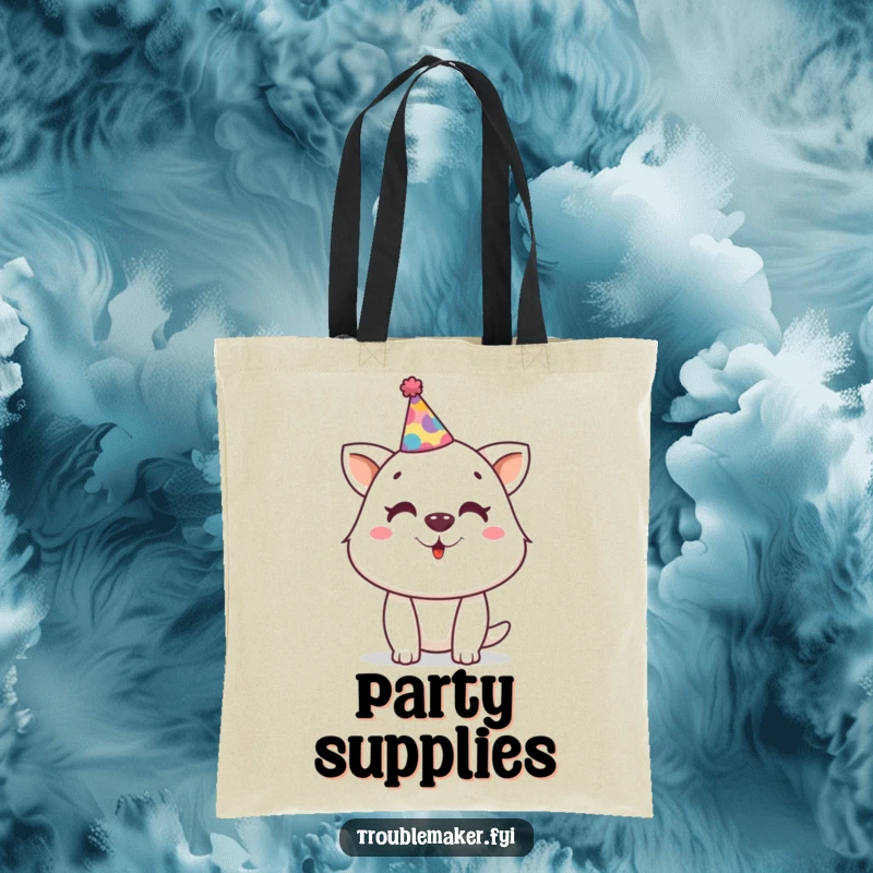 Funny tote bag illustrating a mischievous animal character wearing a tiny, crooked party hat, embodying a festive and funny celebration.