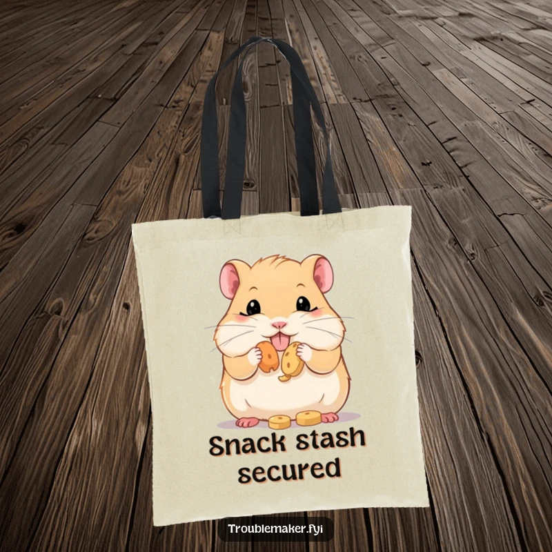 Funny Tote Bag featuring a hamster with bulging cheeks, ready to transport a generous haul of treats, symbolizing abundance and snack-centric joy.