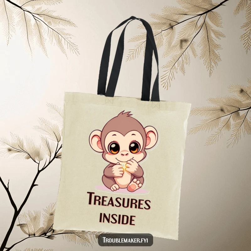 Funny tote bag design of a monkey with sparkling eyes, concealing a shiny object, perfect for carrying items with a hint of playful mystery.