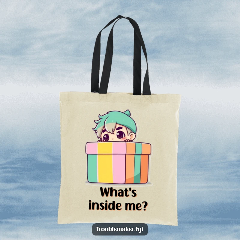 Funny Tote Bag showcasing a troublemaker character peeking from a gift box, perfect for carrying your essentials and a bit of fun.